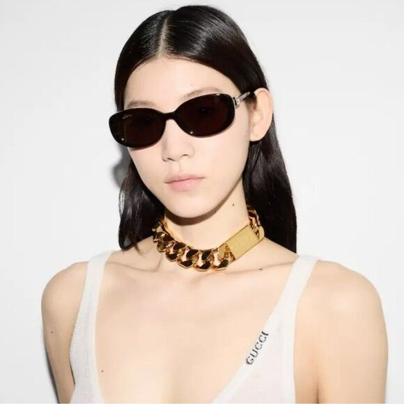 NEW Gucci GG1684SA 001 Black Grey Unisex Oval Sunglasses GG 1684SA - Picture 3 of 12